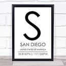 The Card Zoo San Diego United States Of America Coordinates Travel Quote Wall Art Print