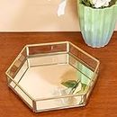ARTINCO Vintage Glass & Brass Vanity Tray, Hexagonal Tray Home Table Decoration, Makeup Organizer, Vanity Tray, Brass Gold 8x9x1.5 Inches