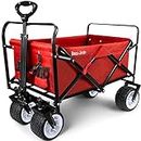 BEAU JARDIN Folding Beach Wagon Cart 330 Pound Capacity Collapsible Utility Camping Grocery Canvas Portable Rolling Buggies Outdoor Garden Sports Heavy Duty Shopping Wide All Terrain Wheel Red BG218