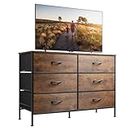 WLIVE Wide Dresser with 6 Drawers, Industrial TV Stand, Entertainment Center with Metal Frame, Wooden Top, Fabric Storage Dresser for Bedroom, Hallway, Entryway, Rustic Brown