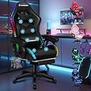 ELFORDSON LED Gaming Chair, 8-Point Massage Computer Office Chair with Lumbar Support Footrest 82cm High Back 150° Recliner, Adults and Kids, Black