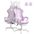 Ferghana Kawaii Light Purple Gaming Chair with Bunny Ears, Ergonomic Cute Gamer Chair with Footrest and Massage, Racing Reclining Leather Computer Game Chair 250lbs for Girls Adults Teens Kids
