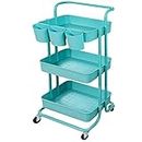 Freletry 3 Tier Utility Rolling Cart Storage Organizer Shelf Multifunction Rack with 3PCS Hanging Cups for Home Office Kitchen Bathroom Store (Blue)
