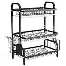 1Easylife Dish Drying Rack, 3 Tier Dish Rack with Tray Utensil Holder, Large Capacity Dish Drainer with Cutting Board Holder Drain Board Tray for Kitchen Counter Organizer Storage (Black)