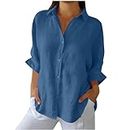 lcziwo 2024 Oversize Breathable Pleated Shirt for Women Summer V-Neck Lapel Long Sleeve Button up Casual Shirt Top, Blue, Small