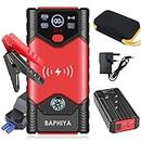 BAPHIYA Jump Starter Power Pack with Intelligent Clamps, 1800A Peak 12V Car Battery Booster Jump Starter, Portable Powerbank Built in Cable Support Wireless Charing, 4 LED Modes LCD Display