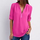 Women Long Sleeve Shirt Zipper V Neck Pullover Blouse Solid Tops Casual Clothes
