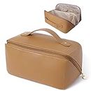 New Large Capacity Travel Cosmetic Bag, Multifunctional Storage Makeup Bag PU Leather Makeup Bag, Travel Cosmetic Bags for Women with Handle and Divider - Brown