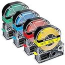 Pristar Compatible Label Tape Replacement for Epson 12mm 1/2" Color Tapes LK-4RBP LK-4YBP LK-4LBP LK-4GBP Work with Epson LabelWorks LW300 LW400 LW600P LW700, Black on Red/Yellow/Blue/Green, 4 Pack