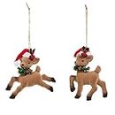 RAZ Imports Deer with Santa Hat Brown, Green, and Red 4.75 x 3.5 Plastic Holiday Decorative Hanging Ornament, Set of 2 Assorted
