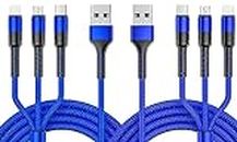 Multi Charging Cable 6FT 2Pack, Nylon Braided Universal 3 in 1 Multi Charger Cable Adapter with IP/Type C/Micro USB Port for Samsung Galaxy S23 S22 S21,Pixel 7,PS5/Huawei/LG and More(Blue)