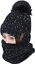 LCZTN Womens Pom Beanie Hat Scarf Set Girls Cute Winter Ski Hat with Fleece Lined Black