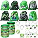 Talltalk 48 Pcs Video Game Party Supplies Green Black Video Game Party Favor for Boys Includes 16 Video Game Drawstring Bags 16 Video Game Wristband Rubber Bracelet 16 Keychain for Video Game Party