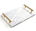 Moreast Genuine Marble Tray Bathroom Tray with Golden Handle, Natural Stone Decorative Tray with Metal Handle for Bathroom Kitchen Vanity Dresser Nightstand Desk, 11.8" x 7.9" Gray Color