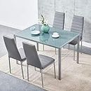 Panana 5Pcs Modern Dining Room Set Glass Dining Table and 4 Faux Leather Chairs Home Kitchen Furniture Set (Grey, 120cm Table and 4 chairs)