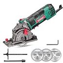 HYCHIKA Mini Circular Saw, Circular Saw with 3 Saw Blades(85mm), Scale Ruler, 500W Pure Copper Motor, 4500RPM Ideal for Wood, Soft Metal, Tile and Plastic Cuts