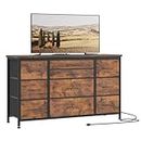 Jojoka Wide Dresser with 10 Large Drawers for 55'' Long TV Stand with Power Outlet Entertainment Center, Storage Fabric Drawer Unit for Bedroom, Closet, Entryway, Sturdy Metal Frame, Rustic Brown