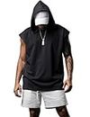 Sleeveless Hoodies for Men Vests Tops Summer Casual Gym Muscle Running Tshirt Basic Plain Color Black S