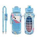SkMugel Wasserflasche mit Strohhalm, 1,8 l, Sport-Wasserflasche mit Zeitmarkierung und Messungen, große Wasserflasche mit Hülle und Riemen, BPA-frei, für Sport im Freien (Rosa/Blau)