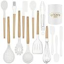 Kitchen Cooking Utensils Set, 14 Non-Stick Silicone Cooking Kitchen Utensils Spatula Set with Holder, Wooden Handle Silicone Kitchen Gadgets Utensil Set for Nonstick Cookware