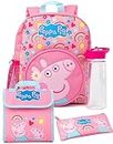 Peppa Pig Kids 4 Piece Backpack Set | Girls Boys Animated George Pig Hearts Pink Rucksack Lunch Bag Pencil Case Water Bottle | Back to School Bag Gifts