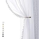 Pompom Sheer White Curtains for Living Room 84" Long Linen Textured Window Curtain Draperies for Bedroom 52" W, 1 Pair