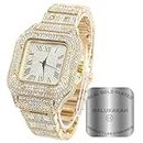 HALUKAKAH Diamonds Gold Watch Iced Out, Men's 18K Real Gold Plated 40MM Width Square Dial Quartz Wristband 24cm, Free Giftbox