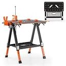 Costway 2-in-1 Folding Work Table & Sawhorse, 454 kg Max Load Workbench w/ 2 Quick Clamps & 4 Clamp Dogs, 8 Adjustable Heights & Extra Tool Shelf, Portable Clamping Workstation for Garage