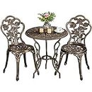 Yaheetech 3-Piece Outdoor Bistro Set w/Rose Design, Rust-Resistant Cast Aluminum Table and Chairs w/Umbrella Hole for Balcony Backyard Garden - Bronze