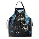 Funny Animal Apron with 2 Pockets Waterproof for Men Women Kitchen Garden Decor, Three Wolves on a Moonlight Night, One Size