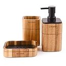 Satu Brown, set di accessori da bagno, in legno di acacia, 3 pezzi, incl. dispenser per sapone da bagno, bicchiere da bagno, portasapone, accessori per il bagno