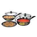 Hawkins Futura 3 Pieces Cookware Set 3 - Non Stick Flat Tava, All-Purpose Pan, Stir Fry Kadhai and Two Stainless Steel Lids, Black (NSET3)