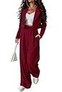 PRETTYGARDEN Women's 2 Piece Casual Outfits Cropped Blazer Jackets High Waisted Wide Leg Work Pants Suit Set (Wine Red,Small)