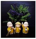 AFTERSTITCH Set of 3 Yellow Cute Monk Set Home Balcony Miniature Garden Living Room Decorative Item Birthday Gift for Him Her,, Resin