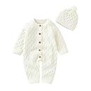 DovFanny Infant Baby Knitted Sweater Romper Newborn Longsleeve Outfit Jumpsuit with Warm Hat Set White（3-6 Months）