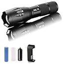 NEOPOL Metal LED Torch Flashlight XML T6 Water Resistance 5 Modes Adjustable Focus Rechargeable Torch Handheld Light Zoomable LED Adjustable Focus Tactical Flashlight (Black)