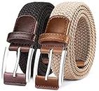 BULLIANT Belt for Men 2Pack,Mens Gift Stretch Braided Web Belt Elastic for Casual Golf Jeans,1 3/8"(Black/Beige,30"-34" Waist Adjustable)