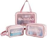 pravyta Cosmetic Travel Bag, Women's Makeup Travel Bag Portable Leather Cosmetics Bag, Makeup Storage Bags with Handle and Divider, Wide Opening Cosmetic Bag (3 PCS Wash Bag Pink)