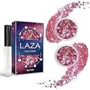 Laza Body Glitter, 2 Jars Holographic Chunky Sequins with Glitter Glue for Women Girls Eyeshadow Makeup Face Paint Festival Rave Outfits Hair Concert Accessories Carnival Party Costumes - Pink