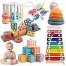 Aliex 6 in 1 Montessori Toys for Babies 6 Months - 3 Year Old, Baby Toys Stacking Rings Blocks Wooden Shape Sorter Activity Cube Xylophone Gifts for Baby Boys Girls 6 9 12 Months 1 2 3 Year Old
