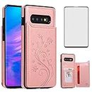 Phone Case for Samsung Galaxy S10 Plus with Tempered Glass Screen Protector and Card Holder Wallet Cover Stand Flip Leather Cell Accessories Glaxay S10+ 10S S 10 10plus S10plus Cases Women Rose Gold
