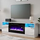 AMERLIFE TV Stand with Fireplace, LED Light Entertainment Center with 36" Electric Fireplace, 70" Modern Wood Entertainment Stand with Highlight Storage Cabinet for TVs up to 80", White & Black