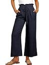 ANRABESS Women Linen Pants Casual Loose High Waist Boho Wide Leg Cropped Palazzo Beach Pants Summer Outfits 2024 Trendy Medium Navy Blue