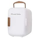 Russell Hobbs RH4CLR1001SCW 4L/6 Can Mini Portable Cooler & Warmer for Drinks, Cosmetics/Makeup/Skincare, AC/DC Power, Scandi Style, White & Wood Effect, For Bedroom, Home, Caravan, Car