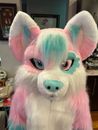 Pink Long Fur Husky Dog Fox Fursuit Mascot Costume Cosplay Fancy Dress Unisex