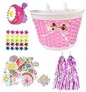 Suerico Kids Bike Decorations Accessories,Bicycle Scooter Basket, Children Bicycle Bell,Bike Handle Streamers and Stickers, Bike Star Spoke Decoration Set for Girls Boys (Pink)