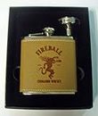 Fireball Whiskey engraved leather covered stainless steel flask with a funnel in a black presentation box