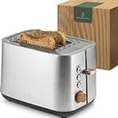 WALDWERK Design Toaster - aus 304 Edelstahl und Eichenholz - für 2 Scheiben - mit Brötchenaufsatz - mit extra breiten und tiefen Toastkammern - mit Krümelschublade