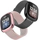 Meyaar Metal Bands Compatible with Fitbit Sense And For Fitbit Versa 3 for Women Men, Stainless Steel Mesh Breathable Wristband Strap with Adjustable Magnet Lock. Small Size (Pink + Black (2 Pack))
