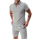Men's Polo Shirt Shorts 2-Piece Set Summer Tracksuit Clothing Fashion Casual Sweatsuits Zipper Mens Solid Color Short Sleeve K-Light Grey XXL
